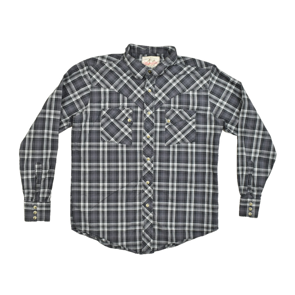 Wrangler American Cowboys Men's Medium Gray Plaid Long Sleeve Western Pearl Snap